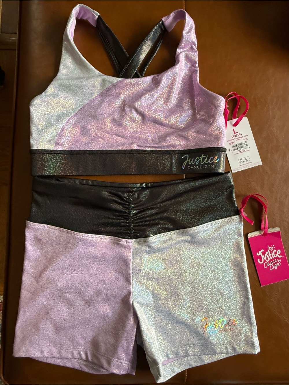 Justice NWT 2 Pieces Lavender & Black Iridescent Dance Top and Shorts 12/14